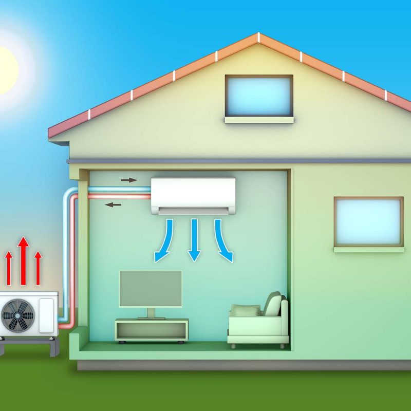 Illustration of heat pump circulating air through home